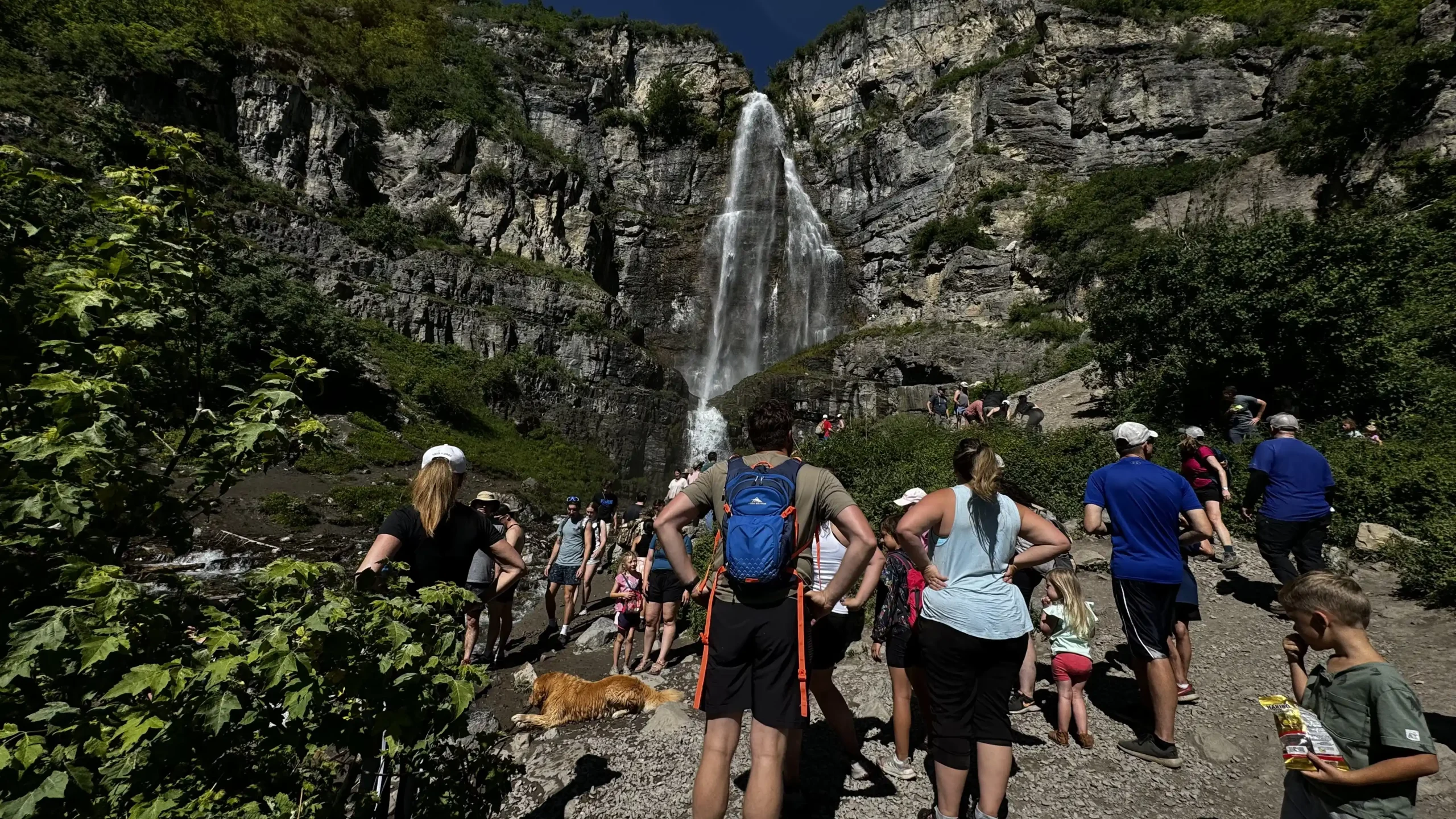 People stand looking at Stewart Falls on a sunny morning,
