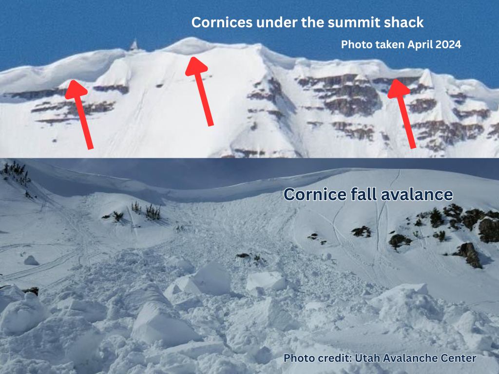 Image shows cornices formed under the summit shack in the top half and the bottom half has avalanche debris from a cornice fall avalanche